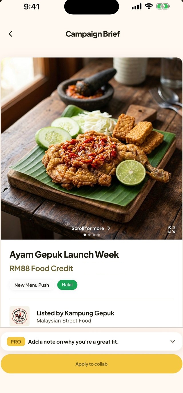 A Share Eat! campaign brief: Ayam Gepuk Launch Week, RM88 food credit, with an Apply to collab button