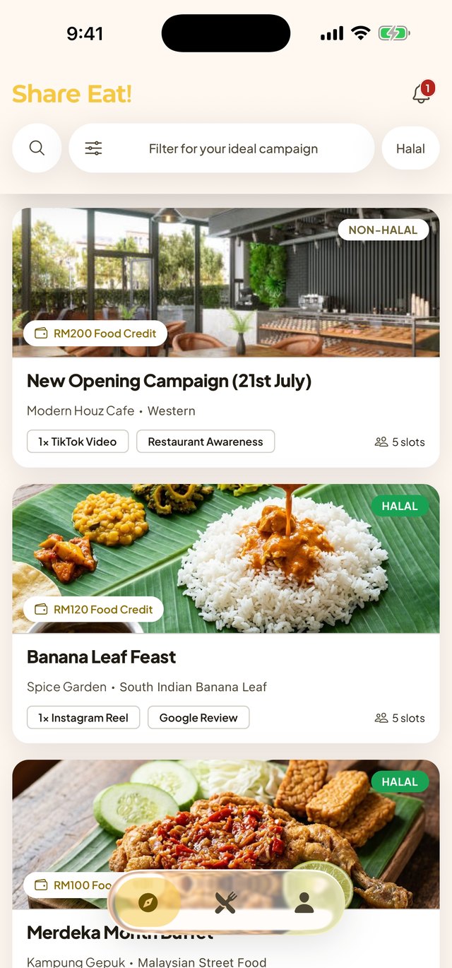 The Share Eat! app showing live restaurant campaigns near you, each with its food credit and deliverables
